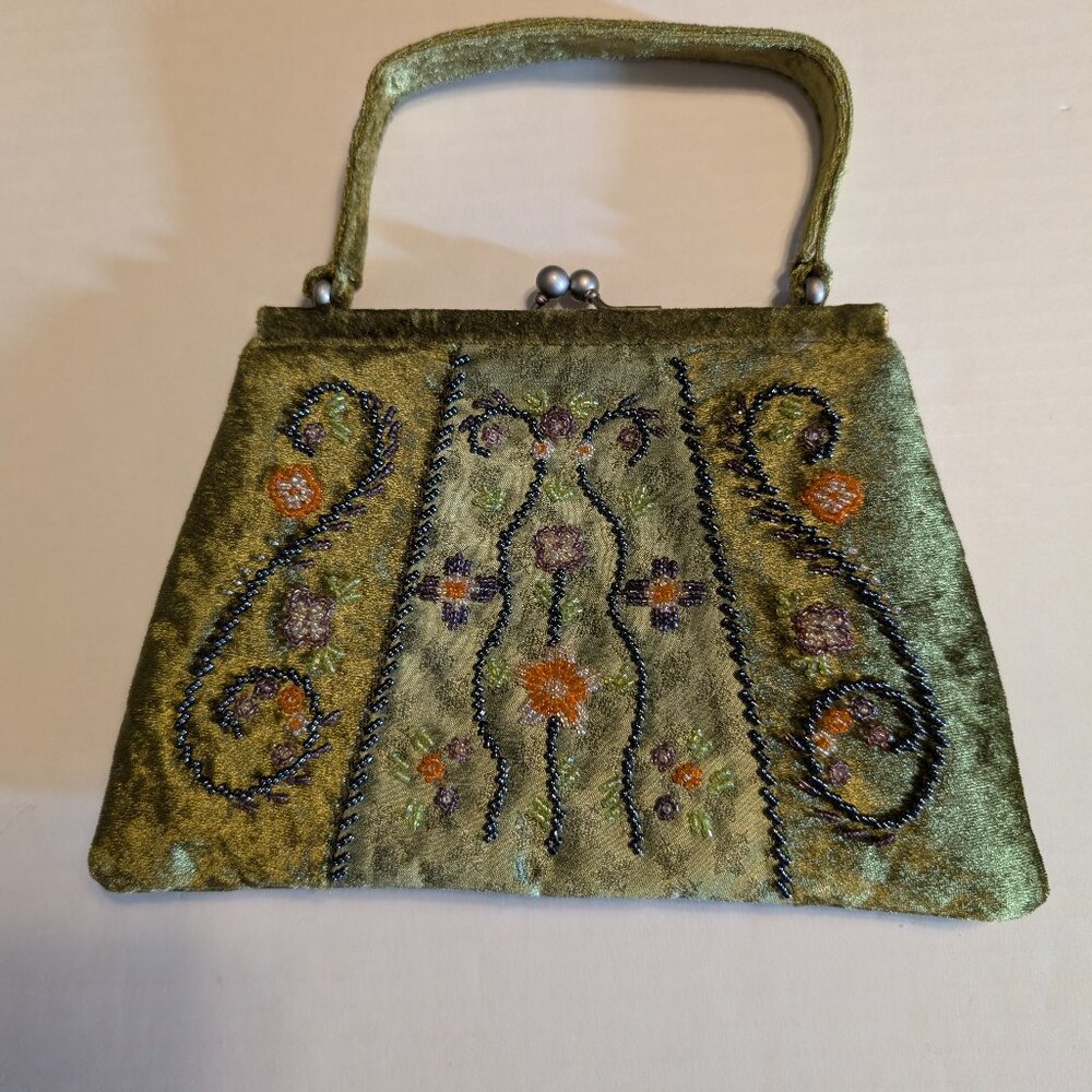 Bueno Green Velvet Purse/Handbag Vintage Styler Orange, Green and Purple Beading